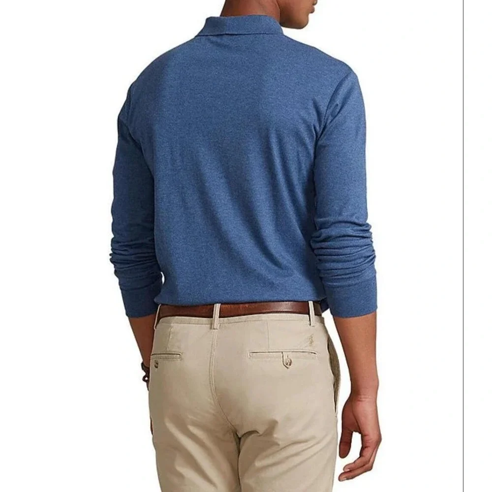 Polo Ralph Lauren Mens XL Slim Fit Long Sleeve Polo Shirt Heather Blue Pony Logo